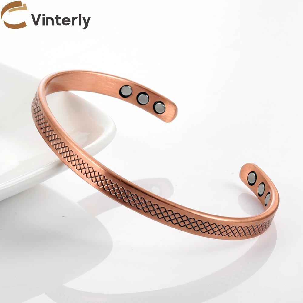 Vinterly Pure Copper Bracelets Magnetic Adjustable 6mm Wide Open Cuff High Magnet Health Energy Bangle Women Resizable Jewelry