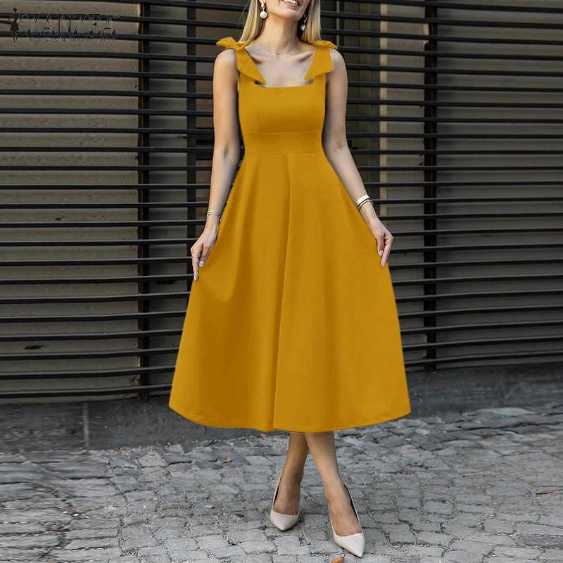 ZANZEA Dámské vintage pletené šaty s čtvercovým výstřihem do pasu bez rukávů