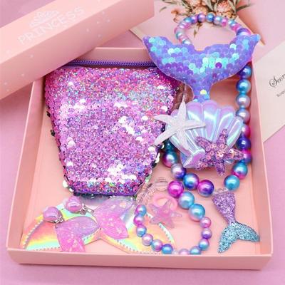 Accesorios de fiesta de la Sirenita para niña, collar, anillo, pendiente, pulsera, juguete para niños, regalo de cumpleaños para niños, bolso mágico con lentejuelas, diadema
