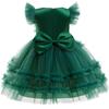 Girls Christmas Tree Dress Flying Sleeve Xmas Party Tutu Dress Bow Knot Colorful Pompoms Mesh Dress