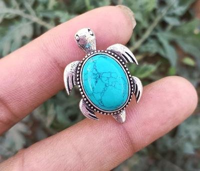 Turquoise Gemstone 925 Sterling Silver Plated Tortoise Pendant