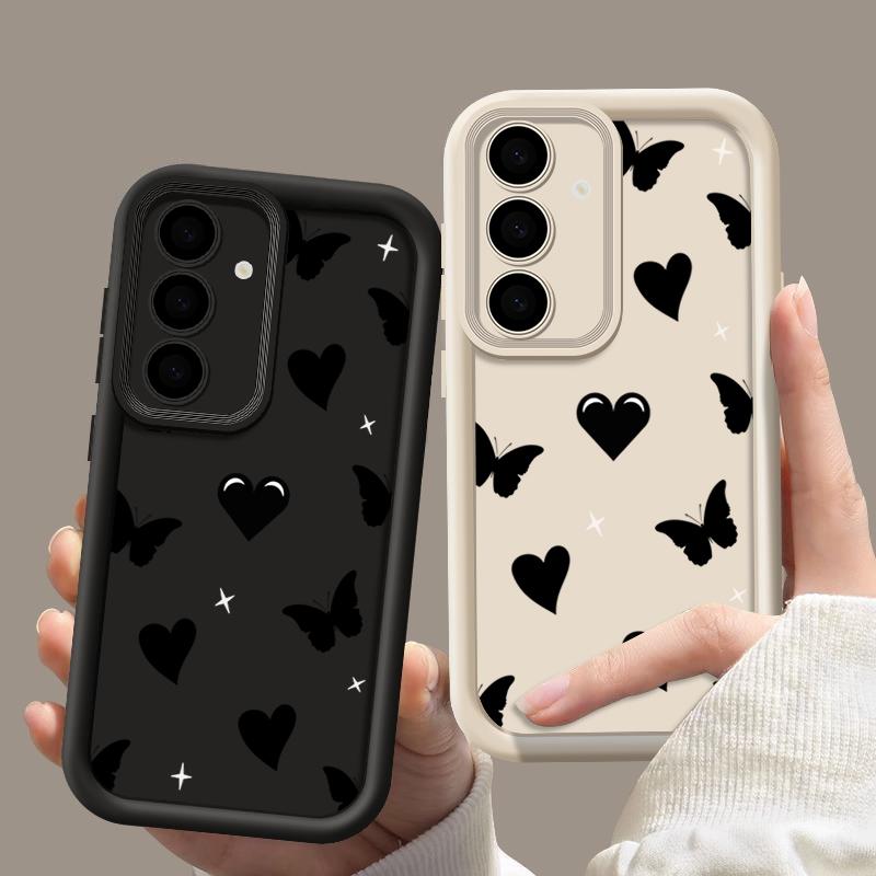 Love Hearts Butterfly Print Shockproof Phone Case For Samsung S25 Ultra S24 FE S23 S22 A56 A36 A16 A55 A06 A15 A35 A05 Matte TPU Soft Bumper Cover