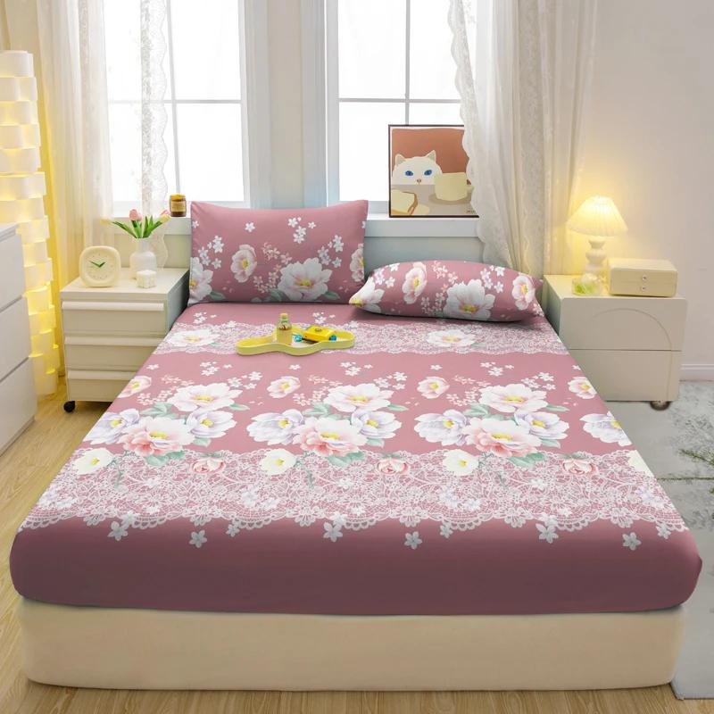 Simple 1 Modern Plant Flower Printed Matte Fitted Sheet, Bedroom Printed Bed Cover, Bedding Excluding Pillowcases
