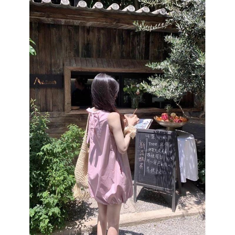 Kumikumi Sweet Age-Reducing Pink Sleeveless Dress Women Summer Simple Flower Bud Skirt Vest Skirt Casual Short Dress