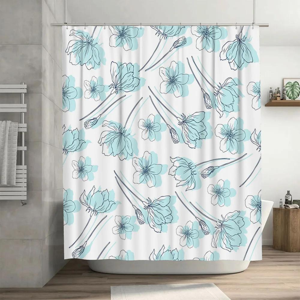 Blue Floral Shower CurtainModern Stylish Decor for Your Bathroom Water Repellent Fabric (White)