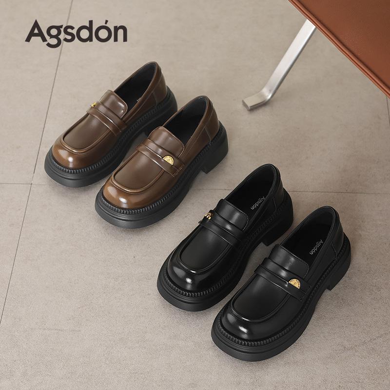 Augustine loafers women's 2025 summer new black thick heel British style single shoes soft sole commuter small leather shoes