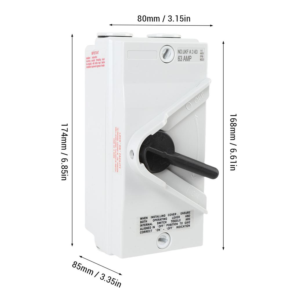 Enclosed Motor Disconnect Switch 63A 2 Pole IP66 Water Proof Industrial Outdoor Heavy Duty Breaker Box for Generator Boat