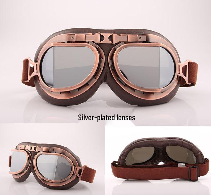 Retro Silver Frame Harley Motorcycle Goggles - Foldable Windproof Antique Bronze Design for Karting