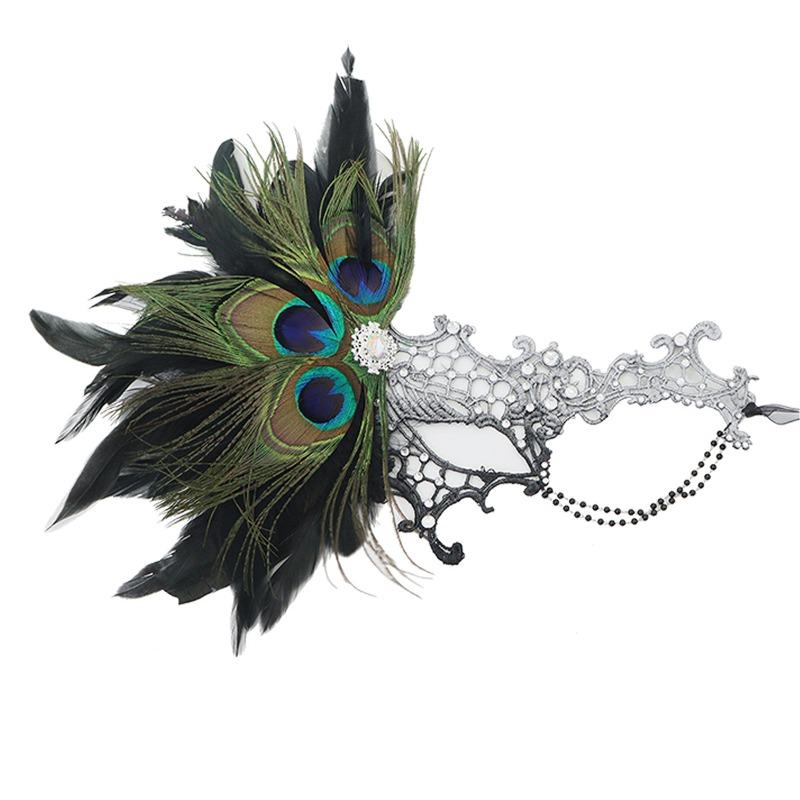 Velcro Peacock Feather Lace One-eyed Bronzing Chain, Halloween Party Mask