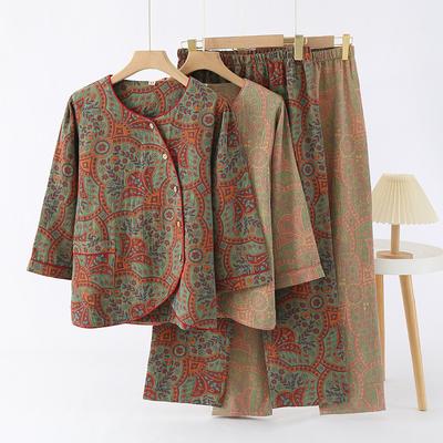 Chinese Style Pure Cotton Gauze Pajamas for Women Set Long Sleeve Trousers Loungewear Crew Neck Loose Leisure Pyjamas