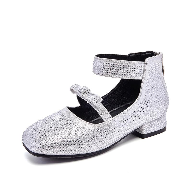 

High-heeled girls princess shoes for spring and autumn2026New style little girl s leather shoes with dress, soft-soled children s crystal shoes 38（Insole Length23.2CM срібний