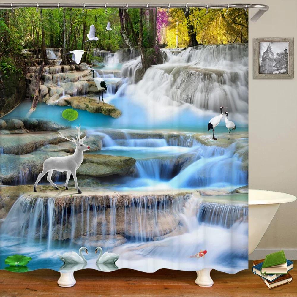 Bathroom shower curtain 3D nature forest landscape print polyester waterproof curtain home decoration curtain with hook 180x200