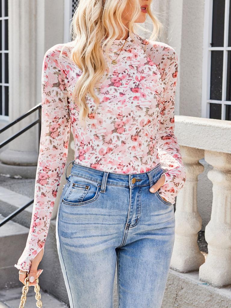 Turtleneck Long Sleeve Lace Floral Mesh Undershirt Top Women's