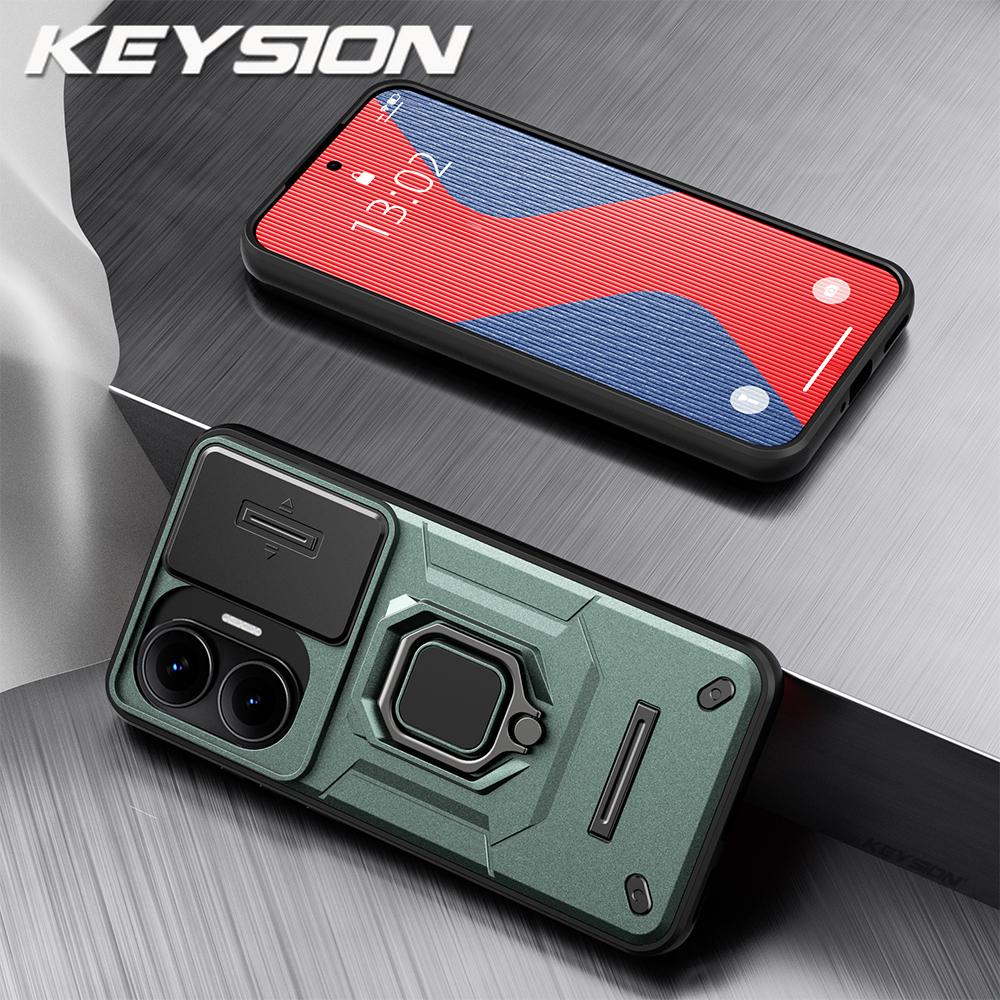 KEYSION Shockproof Armor Case for Xiaomi POCO F7 5G Slide Camera Lens Protection Ring Stand Phone Cover for Redmi Turbo 4 Pro