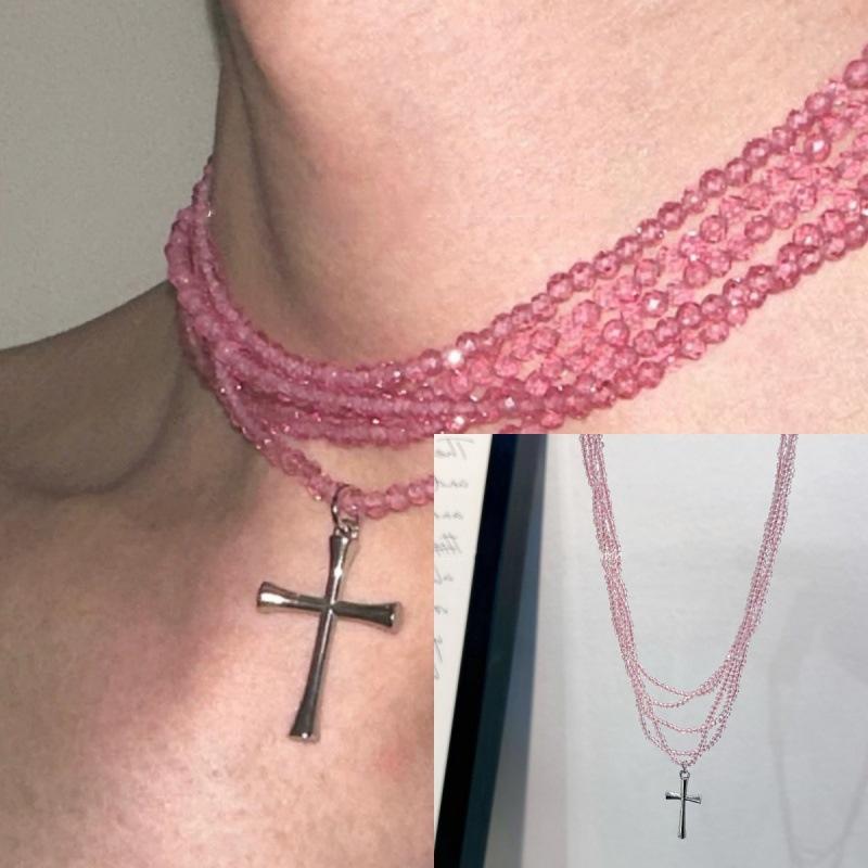 Light luxury exquisite multi-layer red beaded cross pendant necklace female sweet cool personality niche high-end sense collarbone chain
