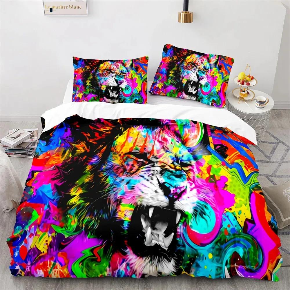 Lion Duvet Cover Set 3D Print Wild Animals Colourful King Queen Size for Kids Teens Adults Bedding Set Polyester Comforter Cover