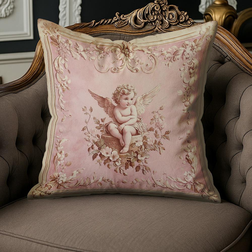 Vintage Pink Cherub Pillow Cover Rococo Floral Print Cushion Case Shabby Chic French Home Decor Gift
