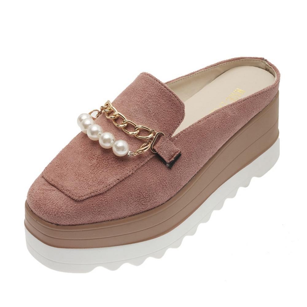 Womens Slippers Fashion Pearl Chain Shoes 7cm Heeled Suede Platform Comfortable Loafers Baotou Outdoor Casual Mules Slippers