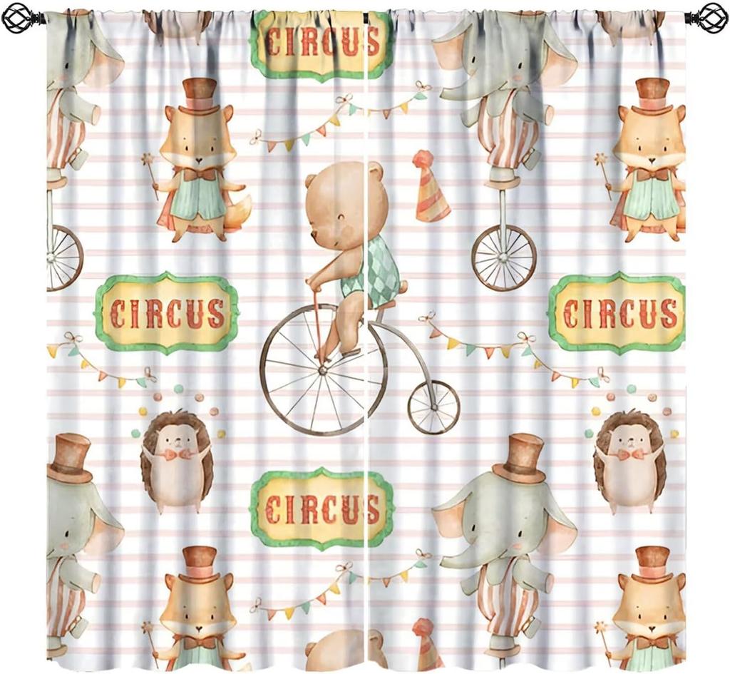 Kids Safari Animals Curtains Tropical Jungle Adventure African Lion Elephant Monkey Print Window Drapes Baby Curtain Polyester