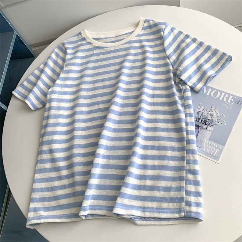 2025 Summer Women's Striped Cotton-Linen Short-Sleeve Round Neck Top, Korean Style