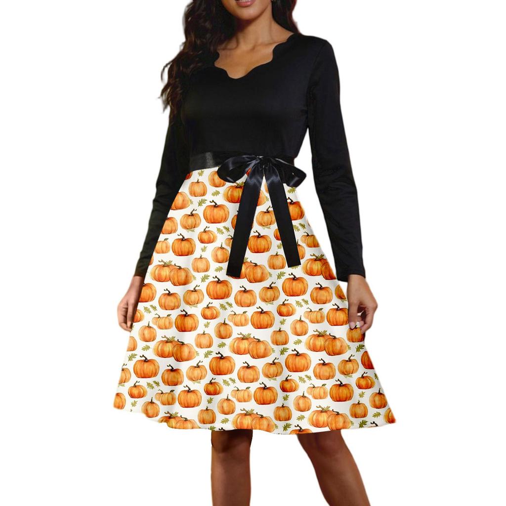 Women's Casual Fashion Long Sleeve  Halloween Graphic Printed Vintage Long Dresses