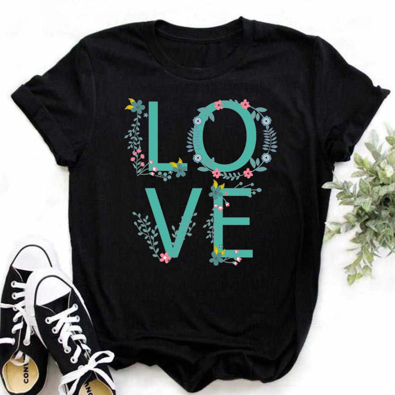 New Women T Shirt Gold Letter Love Print T Shirt Female Short Sleeve Tops Tee 90s Girls Black T-shirt Women Casual Tee Shirts