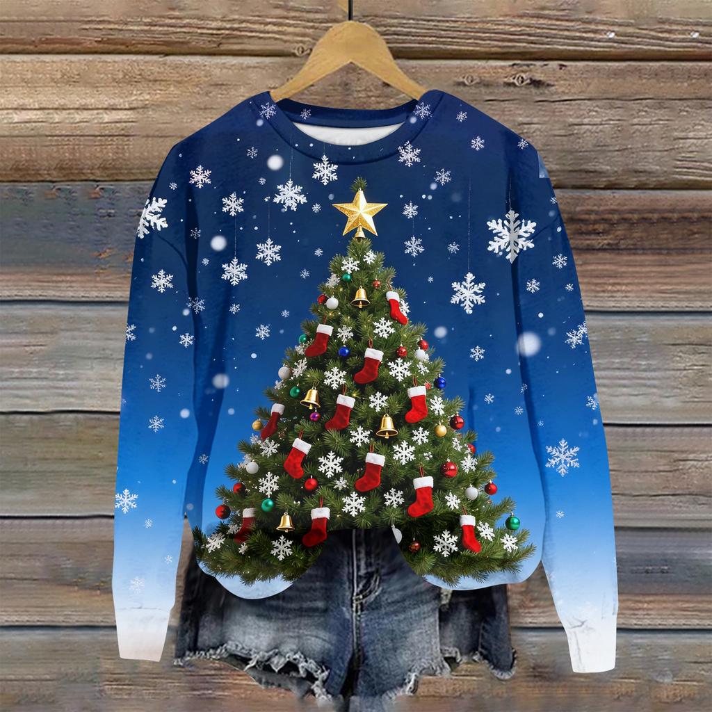 Ladies' Christmas Printed Long Sleeved Round Neck Hoodie Loose Top