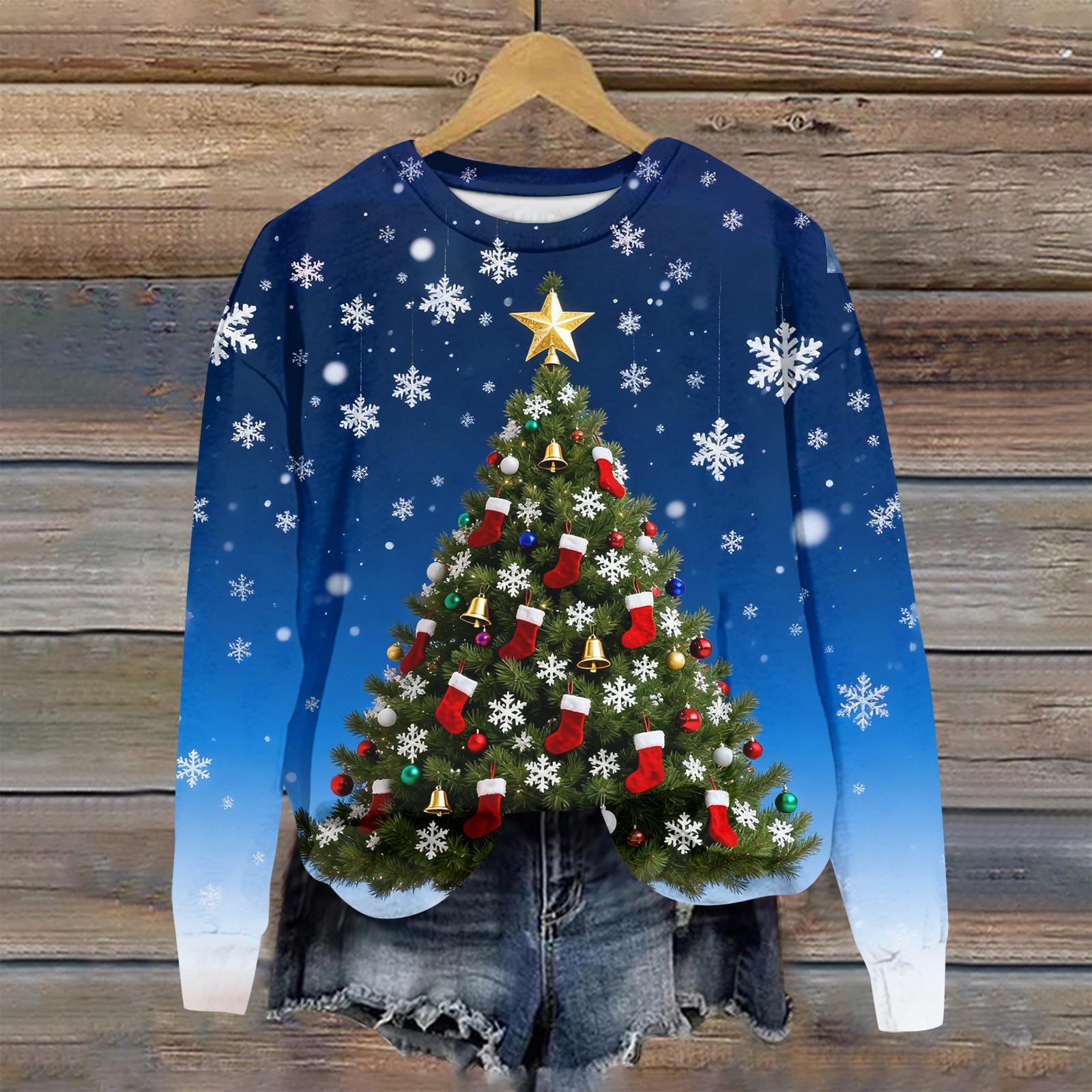 

Ladies Christmas Printed Long Sleeved Round Neck Hoodie Loose Top L синій