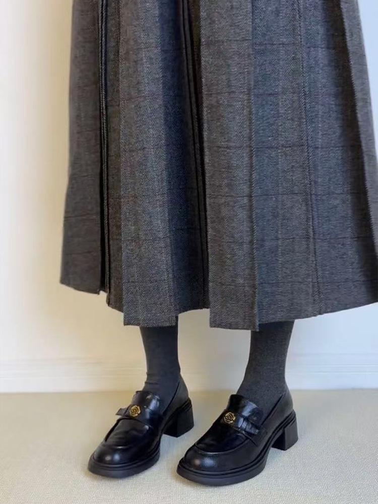 Dames Vaskbare Britisk Retro Ekte Skinn Chunky Hæl Loafers