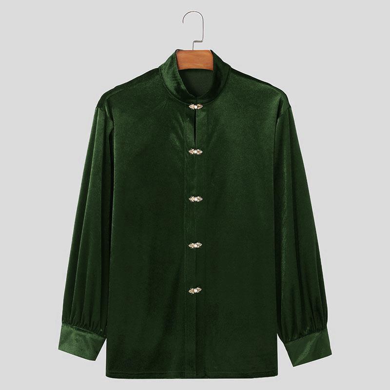

INCERUN Spring Mens Stand Neck Long Sleeve Pleuche Velvet Button Up Vintage Tops Shirts S зелений
