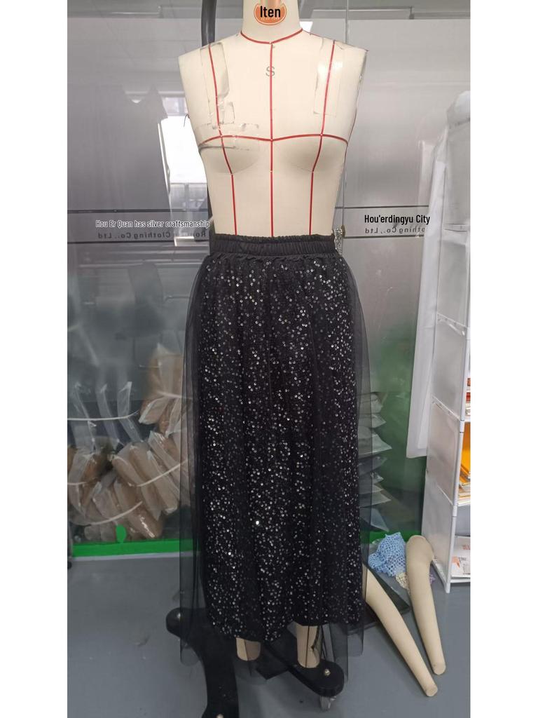 2025 European Style Women's Solid Sequin Mesh Skirt - Casual Fashion