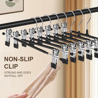 10 Stück Hosenbügel mit Clips, Verstellbare Heavy Duty Rockbügel, Platzsparend, Rutschfest, für Shorts, Jeans, Hosen, Kleiderbügel