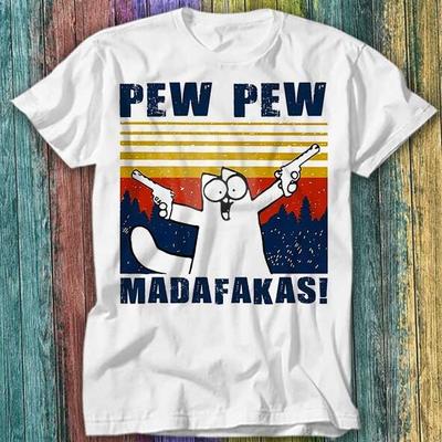 Pew Pew Madafakas Design Katze Zeichnung T-Shirt Top Tee 288