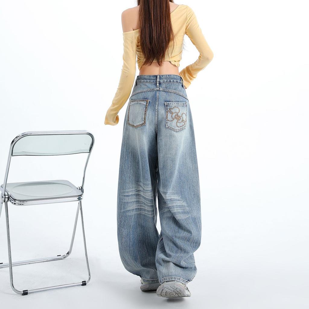 Spring Summer Bamboo Texture Embroidery High Waist Relaxed Wide Leg All Match Denim Pants Ladies Casual Pants Oversize Denim Trousers