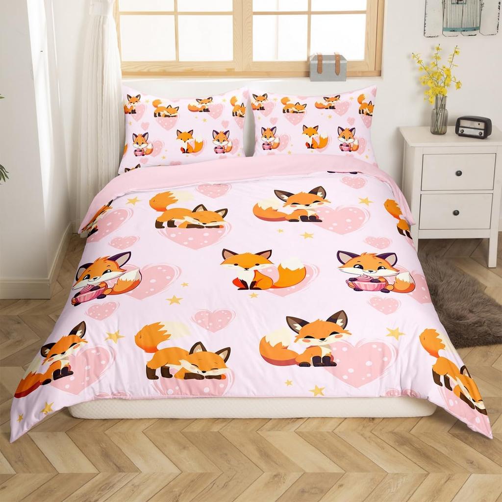 Puppy Dog Duvet Cover Queen King,Cartoon Animal Bedding Set For Kids Boys Girl,Microfiber Watercolor Pink Love Heart Quilt Cover