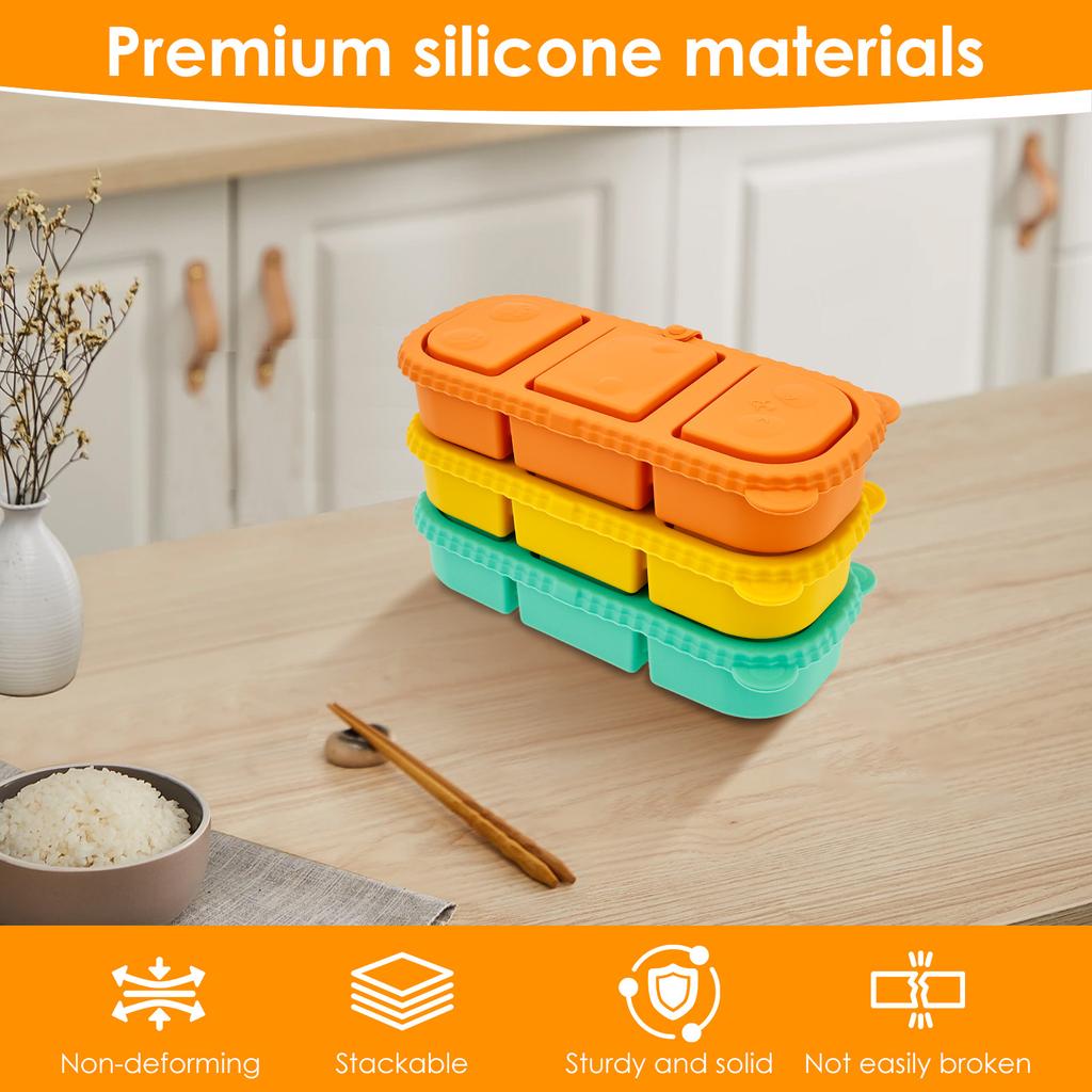 2/3Pcs Snack Container Silicone Small Dip Container with 3 Compartment Stackable Salad Dressing Sauce Box for Home Travel Picnic