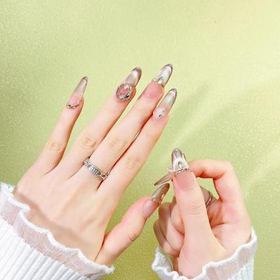 Handmade Wearable Nude Translucent Rhinestone Nail Art: Bridal Luxury Custom Tips