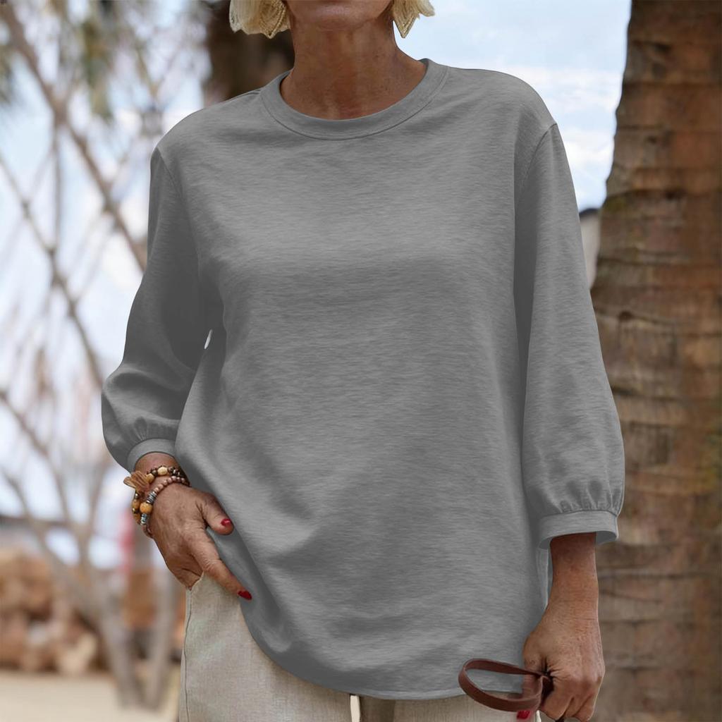 Women Loose Fit Crew Neck Three Quarter Sleeve Casual Solid Pullover Top Comfortable Relaxed Basic T Shirt Blouse