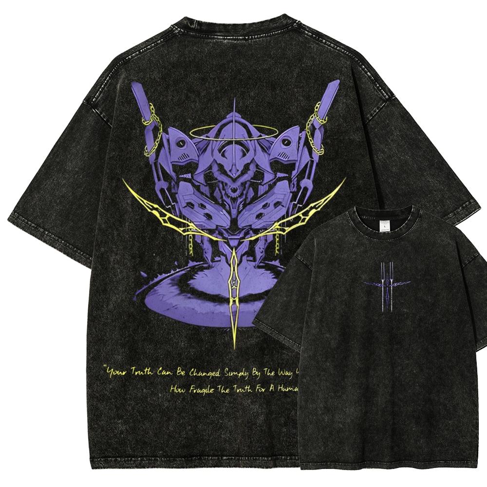 Neon Genesis Evangelion Anime Lover Washed T-shirt Year Round Clothing High Quality Personality Clothes Plus Size Unisex New Model Couples Tee
