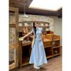 Kumikumi Sweet Set Younger Cute Doll Collar Shirts Women Summer Blue Stripe Skirt Two-piece Set