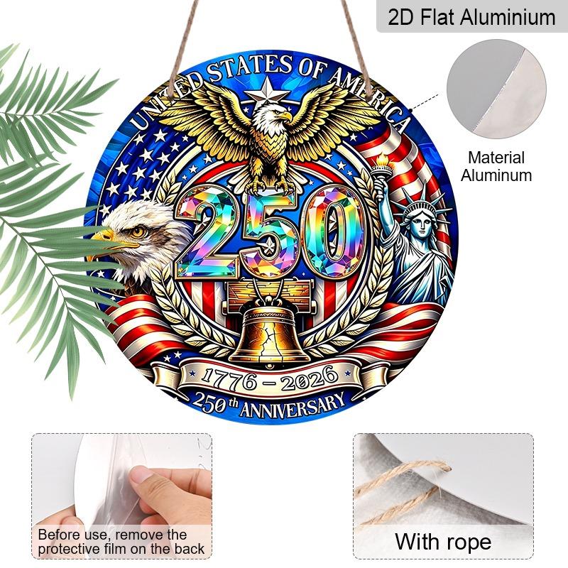 2D Flat Retro Round Aluminum Wall Hanging, 250th Independence Day Lettering Design, Indoor Outdoor Wall Decor, Commemorative Home Gift