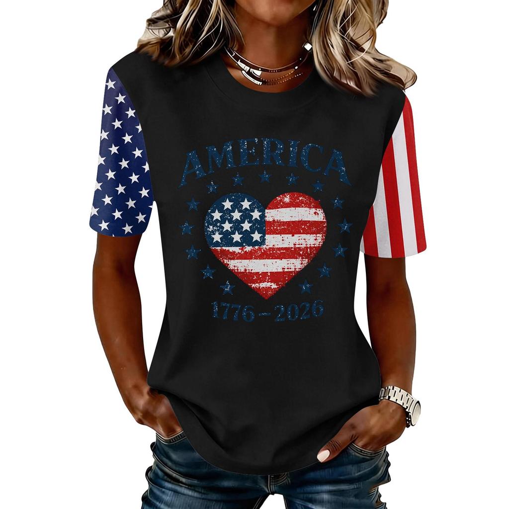 Blusa Feminina da Moda Casual de Manga Curta com Estampa e Gola Redonda