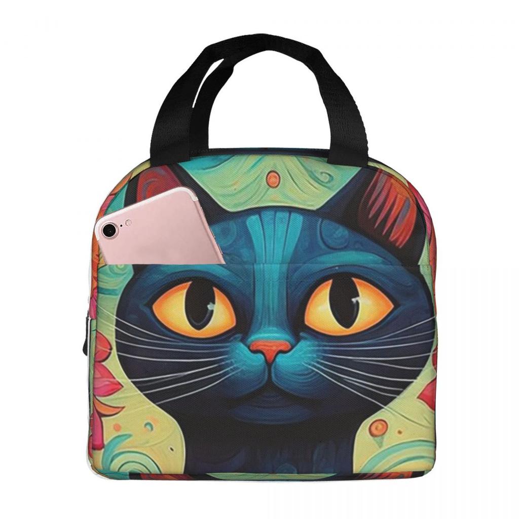 Abstract Colorful Floral Cat Oil Painting Insulated Lunch Bag for Women Children Leakproof Food Boxes Thermal Lunch Box Tote