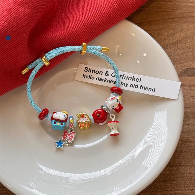 

Cute Sanrio Hello Kitty Bracelet Bow Apple Kt Pendant Beaded Bracelet Birthday Gifts Trendy Girly Accessories Adjustable