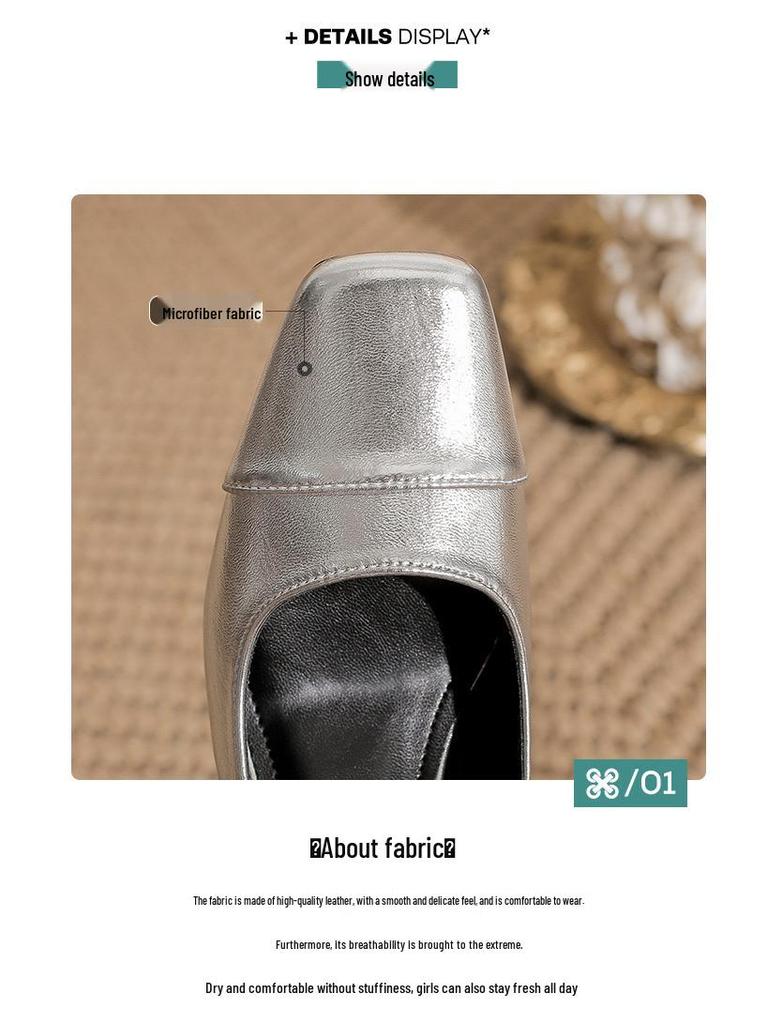 Silver Mary Jane High Heels: Women's Square Toe Retro Chunky Heel One-Strap Shoes for Spring and Autumn.