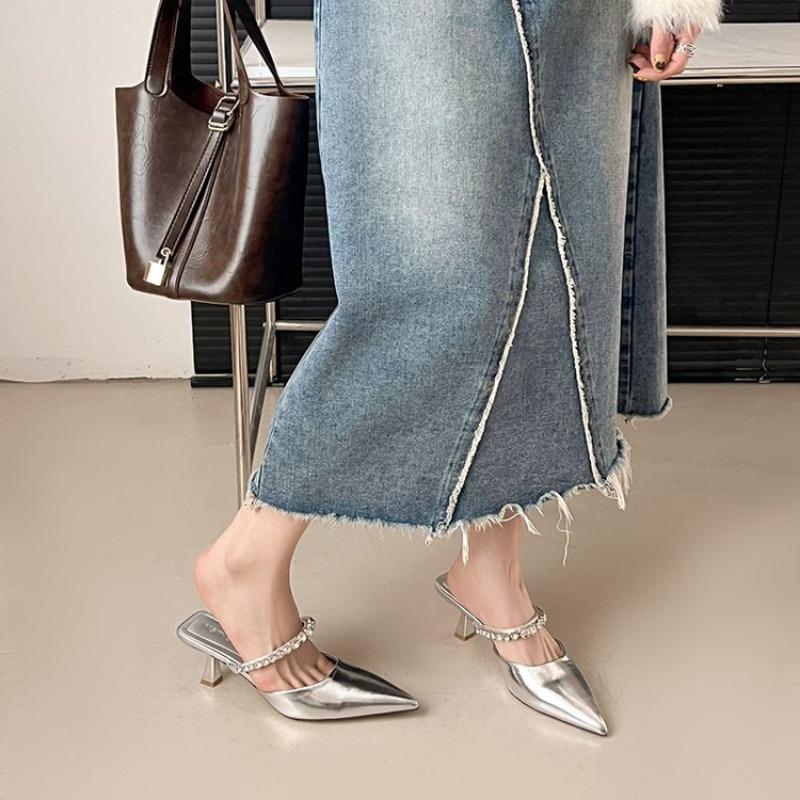 Rhinestone Heels Slingback High Heels Women Black Pumps 2025 Woman's Elegant Modern Heeled Sandals Pointed Party Stilettos