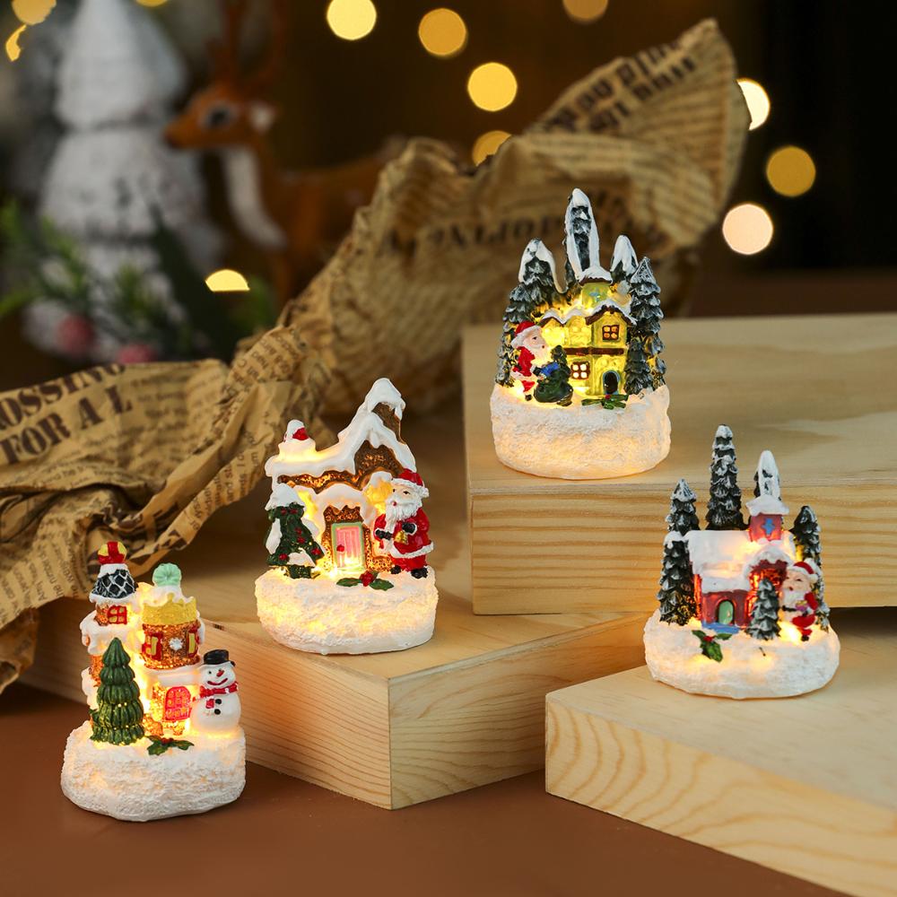 Glowing Christmas Village Resin Ornament Christmas Tree House Building New Year Figurine Sculpture For Home Christmas Decoration