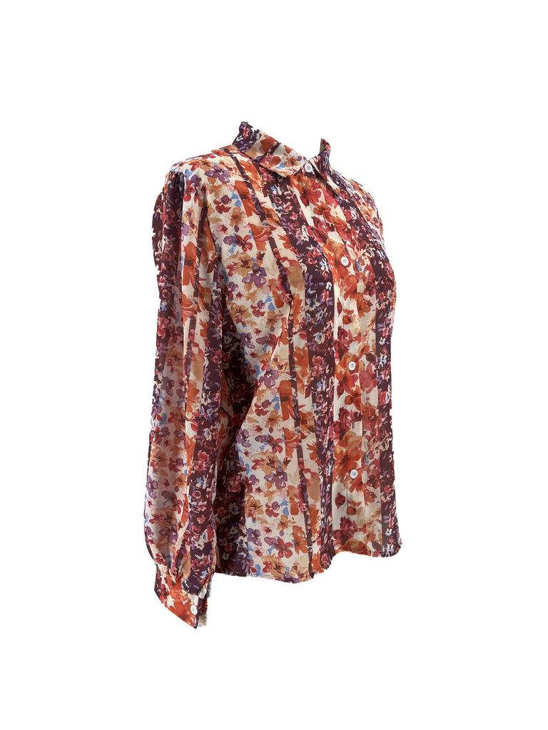 Lebhafte pinke und orangefarbene florale Chiffonbluse mit langen Ärmeln