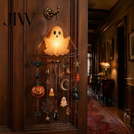 Outdoor Garden Decoration Halloween Luminous Ghost Wind Chime, Glow-in-The-Dark Hanging Ornament with Pumpkin Bat Weatherproof Metal Pendant