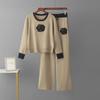 Trendy Embroidered Knit Top & Wide-Leg Pants Set for Women - Spring/Autumn Fashion